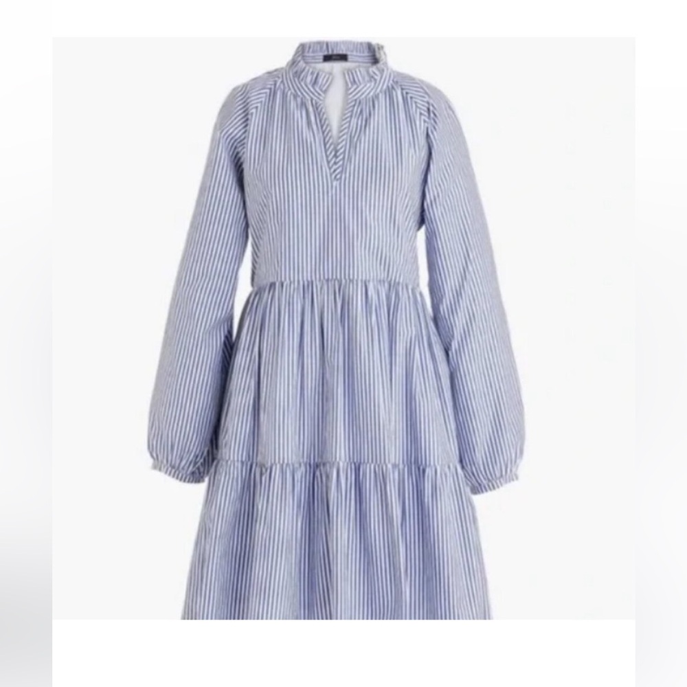 J. Crew Blue and White Striped Tiered Long-Sleeve Dress